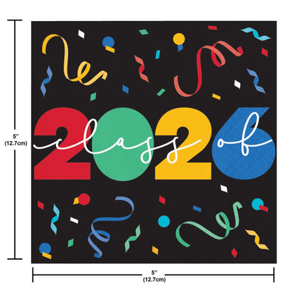 Napkin with colorful 'Class of 2026' design with confetti on a black background. Dimensions shown.