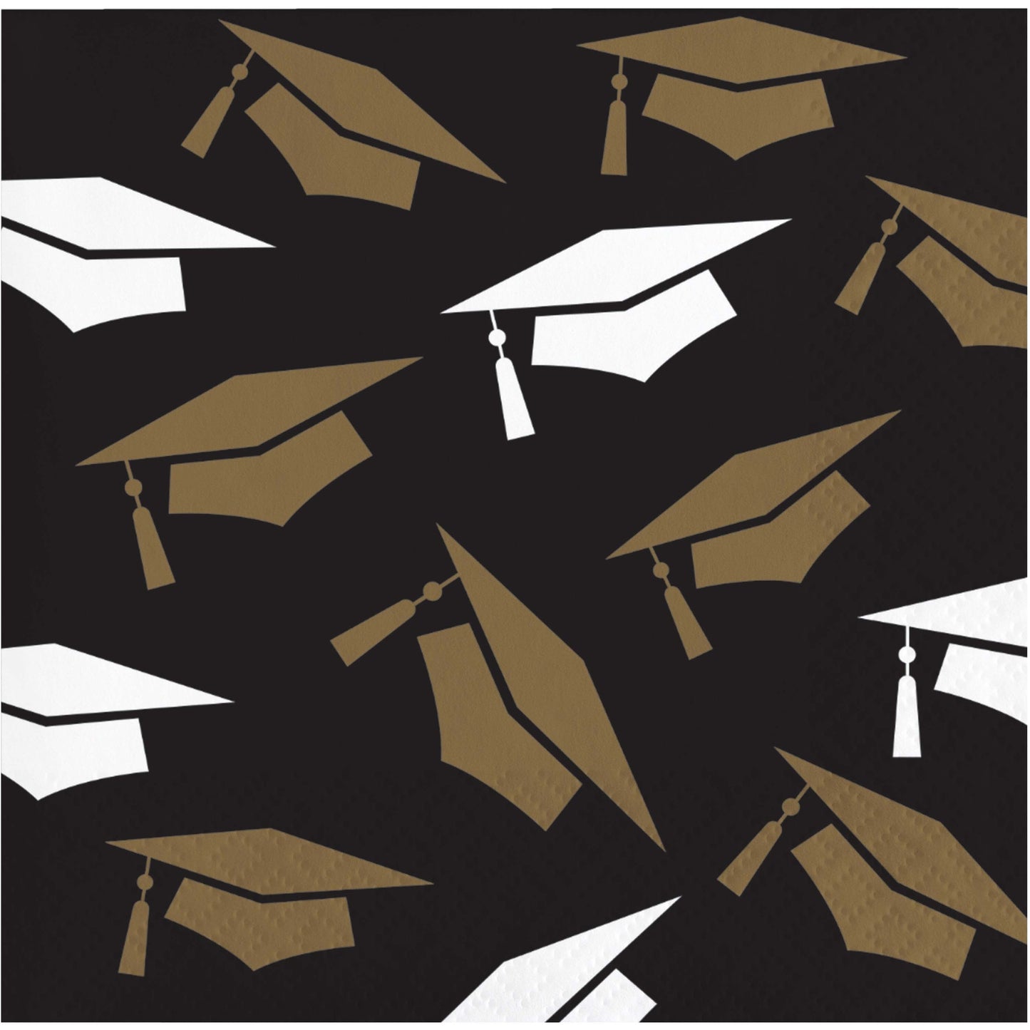 Napkins with graduation caps in gold and white on a black background