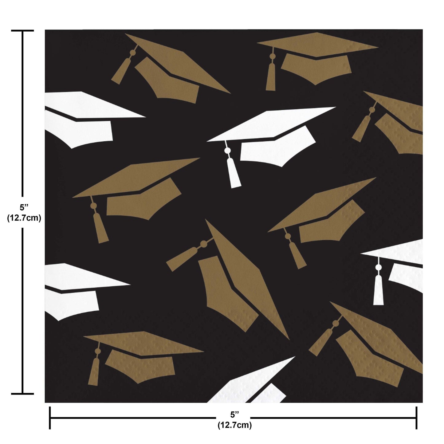 Napkins with graduation caps on a black background with measurements indicated.