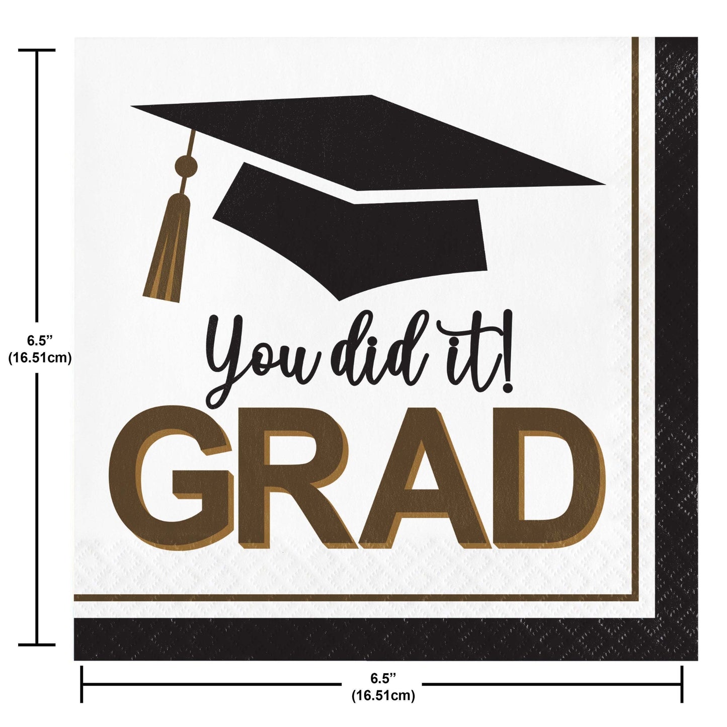 Graduation-themed napkin with 'You did it! GRAD' text and a cap design, with dimensions indicated.