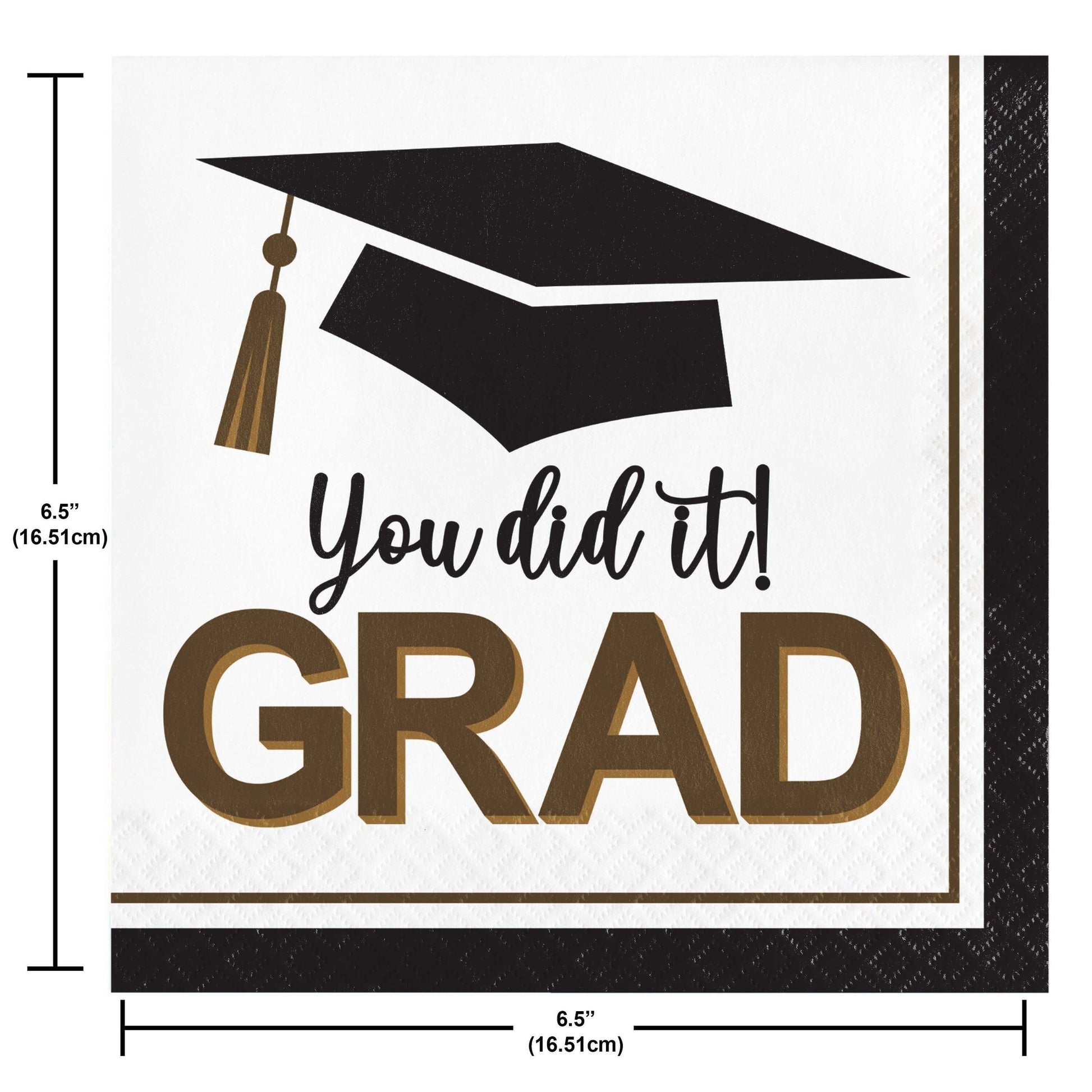 Graduation-themed napkin with 'You did it! GRAD' text and a cap design, with dimensions indicated.