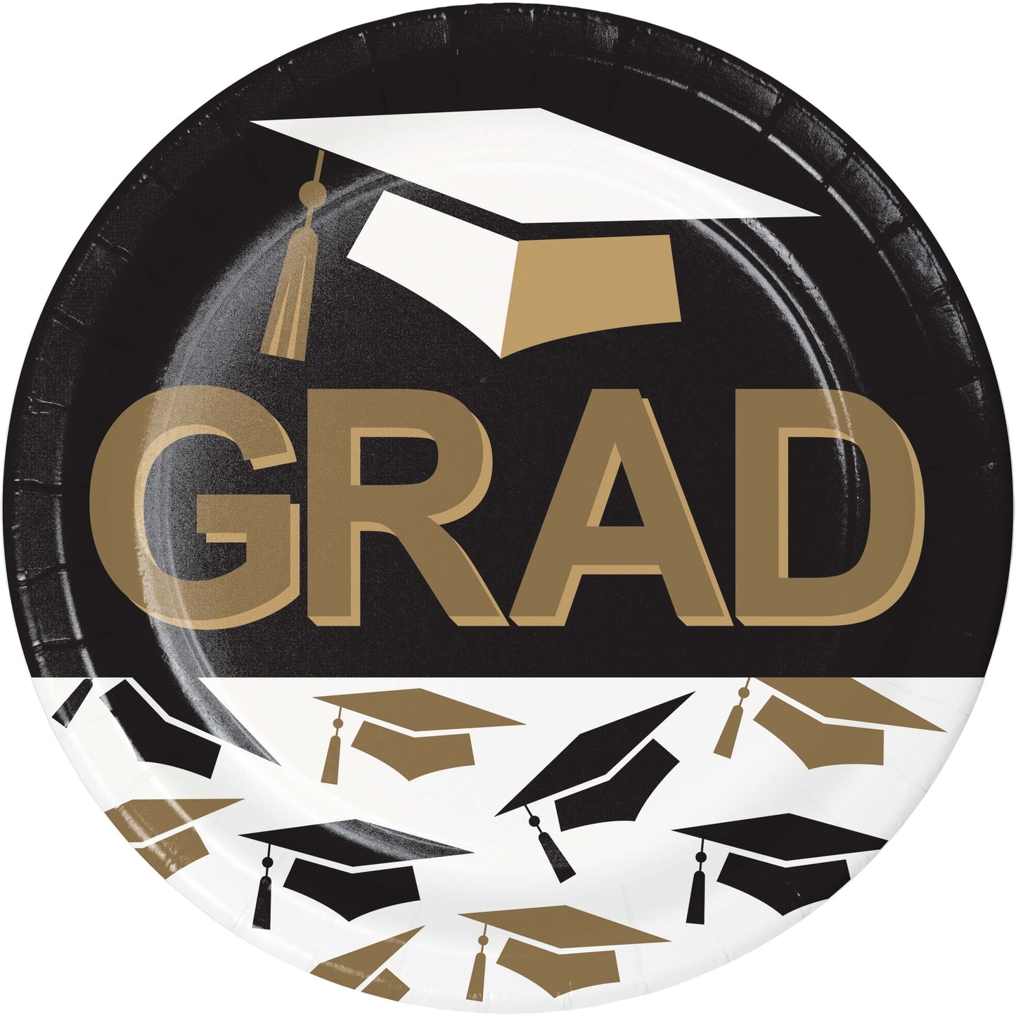 Graduation-themed paper plate with 'GRAD' text and caps design on a black background
