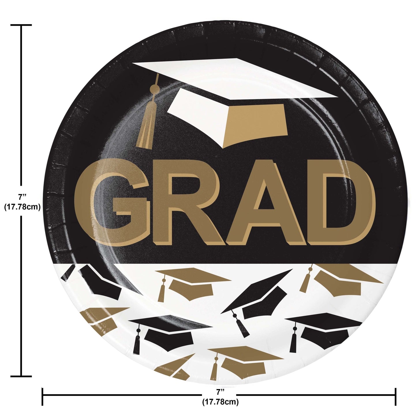 Graduation-themed paper plate with 'GRAD' text and cap design, featuring measurements.