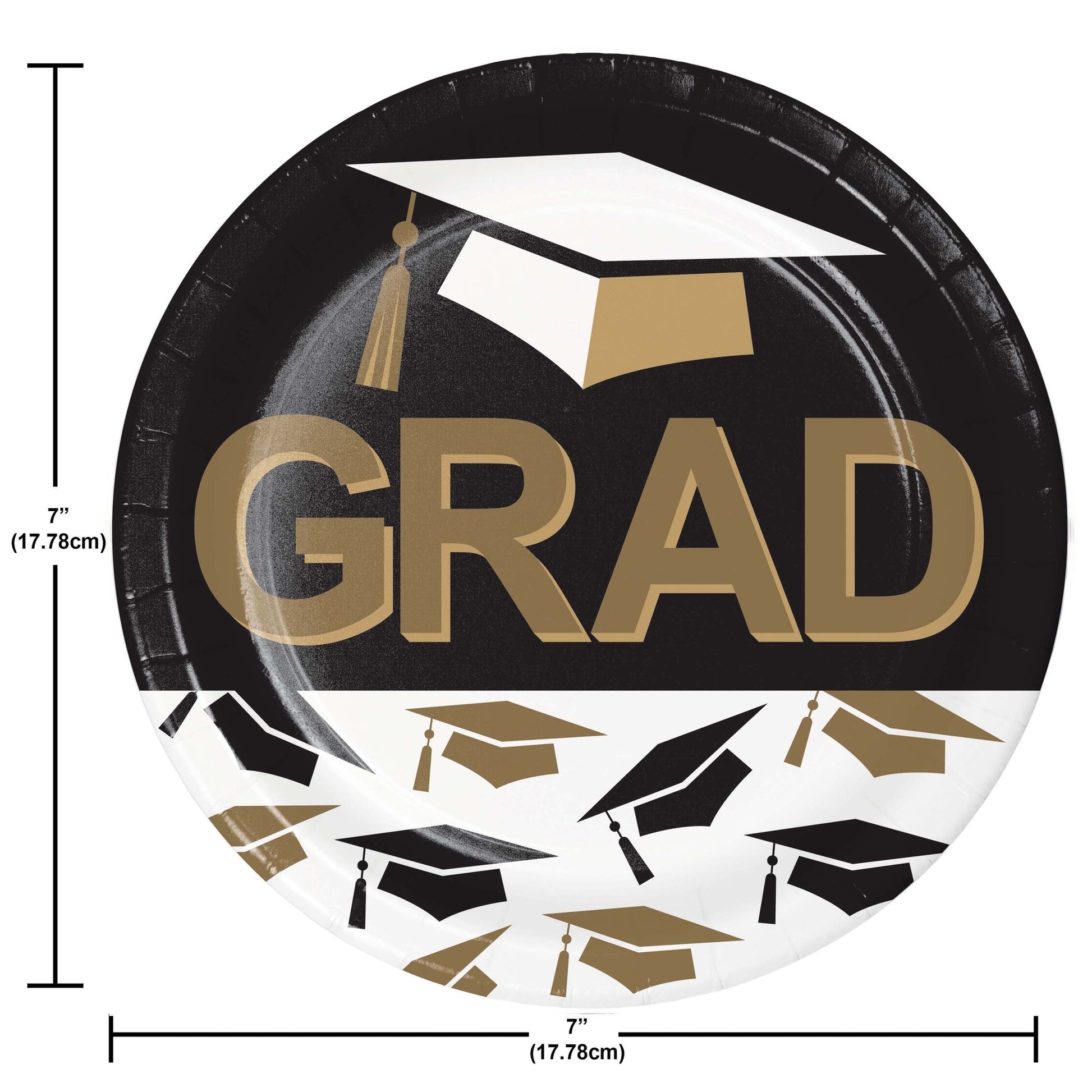 Graduation-themed paper plate with 'GRAD' text and cap design, featuring measurements.