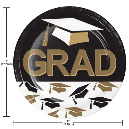 Graduation-themed paper plate with 'GRAD' text and cap design, featuring measurements.