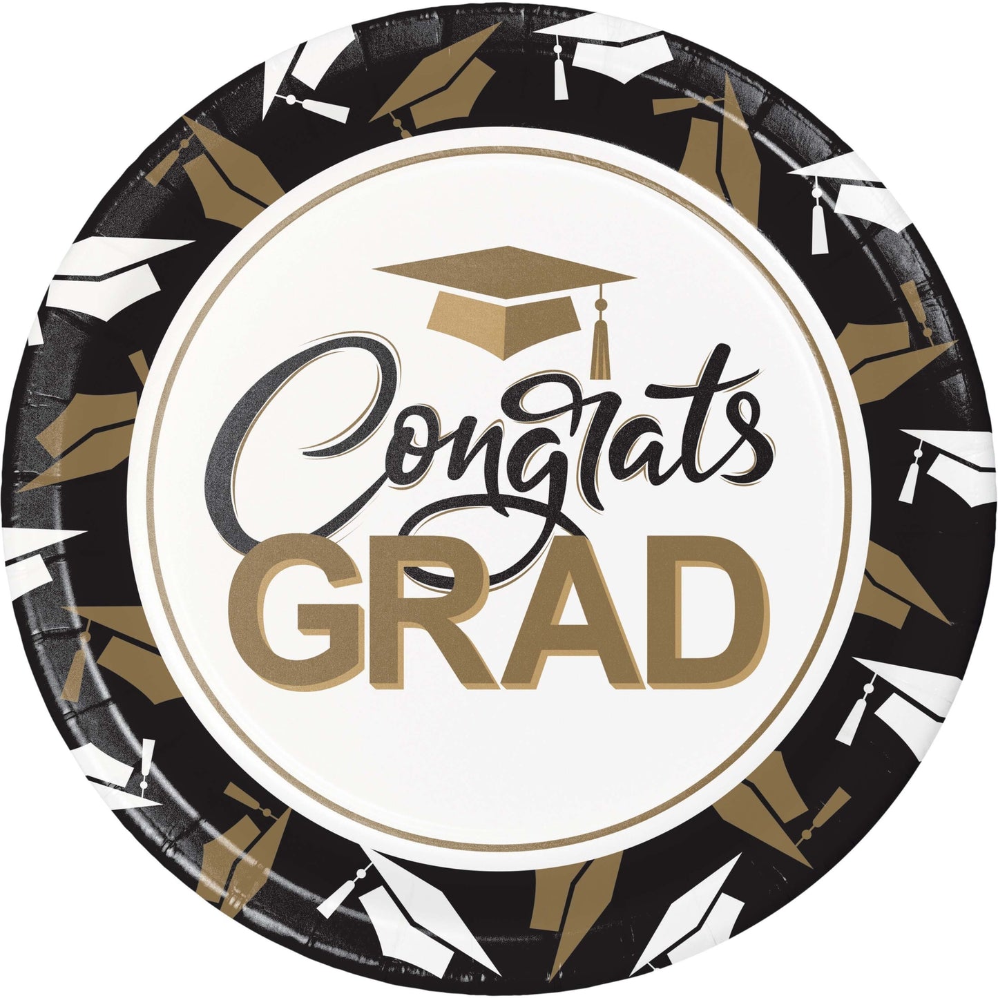 Graduation-themed paper plate with 'Congrats GRAD' text and cap design.