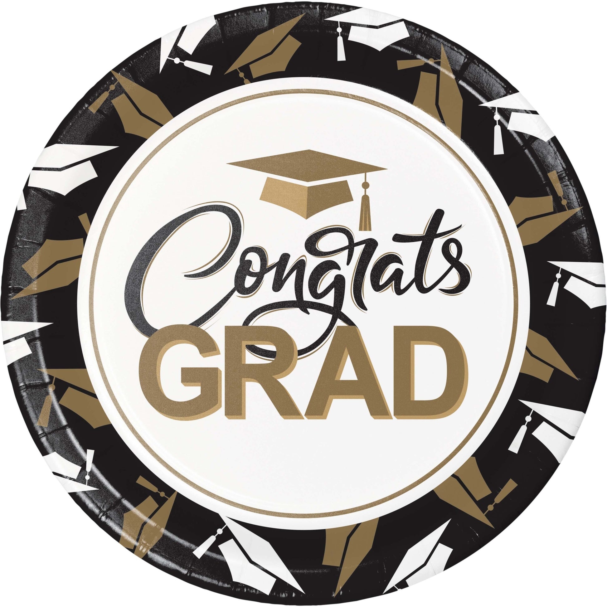 Graduation-themed paper plate with 'Congrats GRAD' text and cap design.