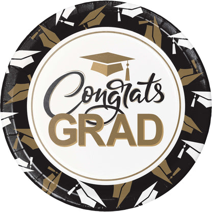 Graduation-themed paper plate with 'Congrats GRAD' text and cap design.