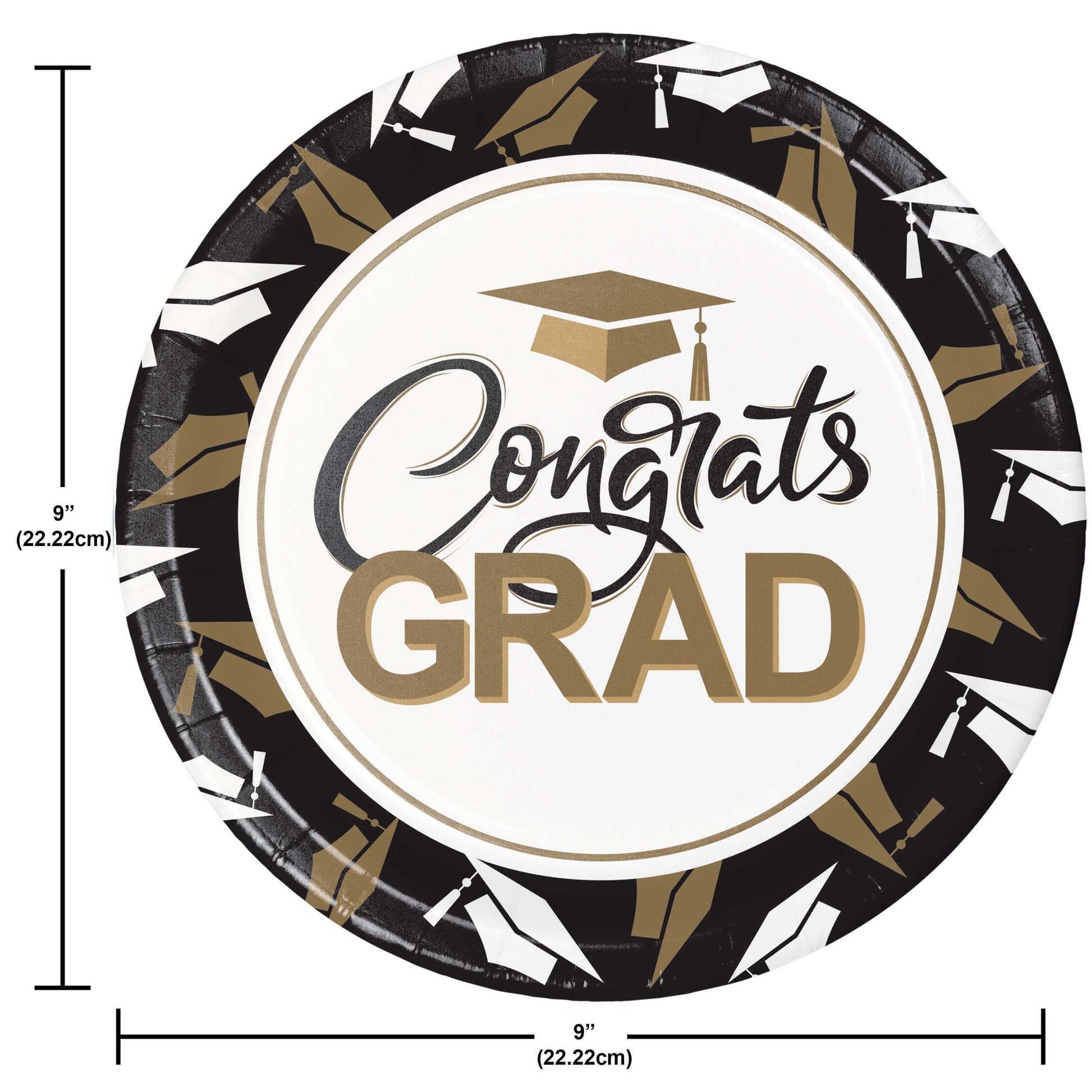 Graduation-themed paper plate with 'Congrats Grad' text and cap design, shown with dimensions.