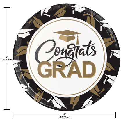 Graduation-themed paper plate with 'Congrats Grad' text and cap design, shown with dimensions.