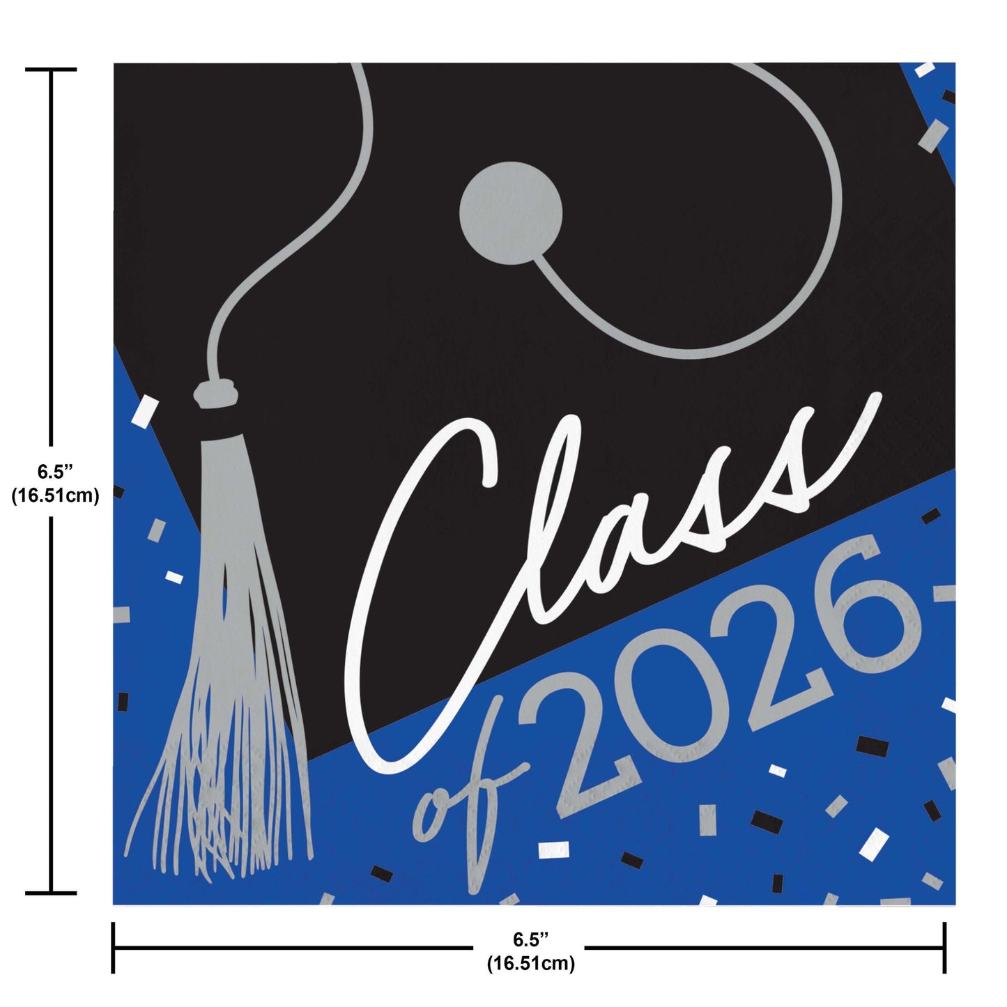 Graduation cap napkin with 'Class of 2026' text on a blue and black background, with measurements indicated.