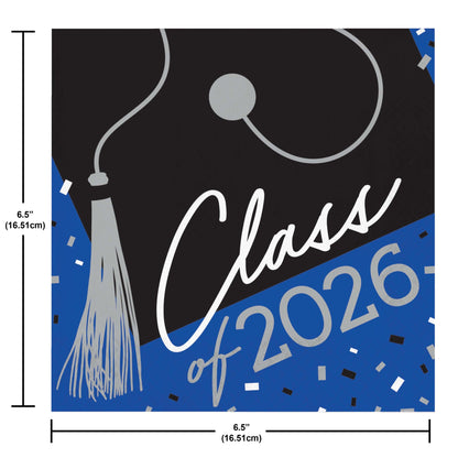 Graduation cap napkin with 'Class of 2026' text on a blue and black background, with measurements indicated.