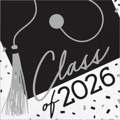 Graduation cap with 'Class of 2026' text on a black, white, and gray background