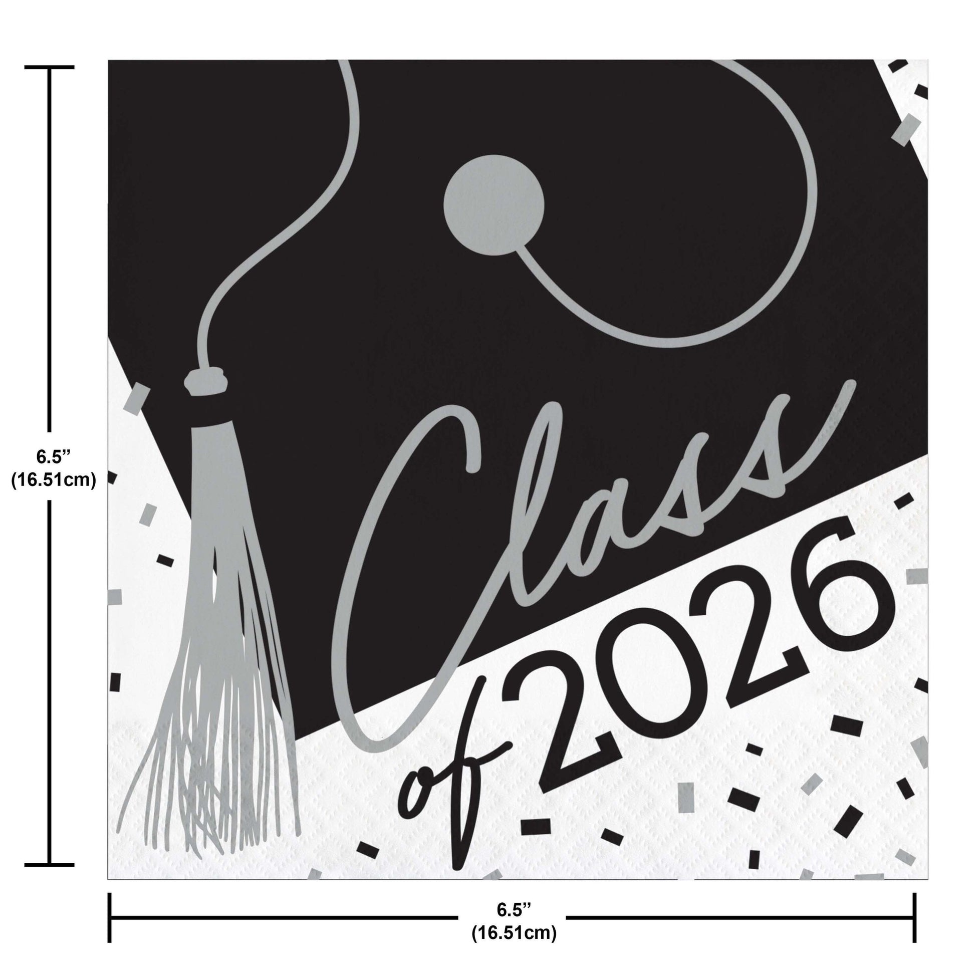 Graduation cap with 'Class of 2026' text and tassel, with dimensions indicated.