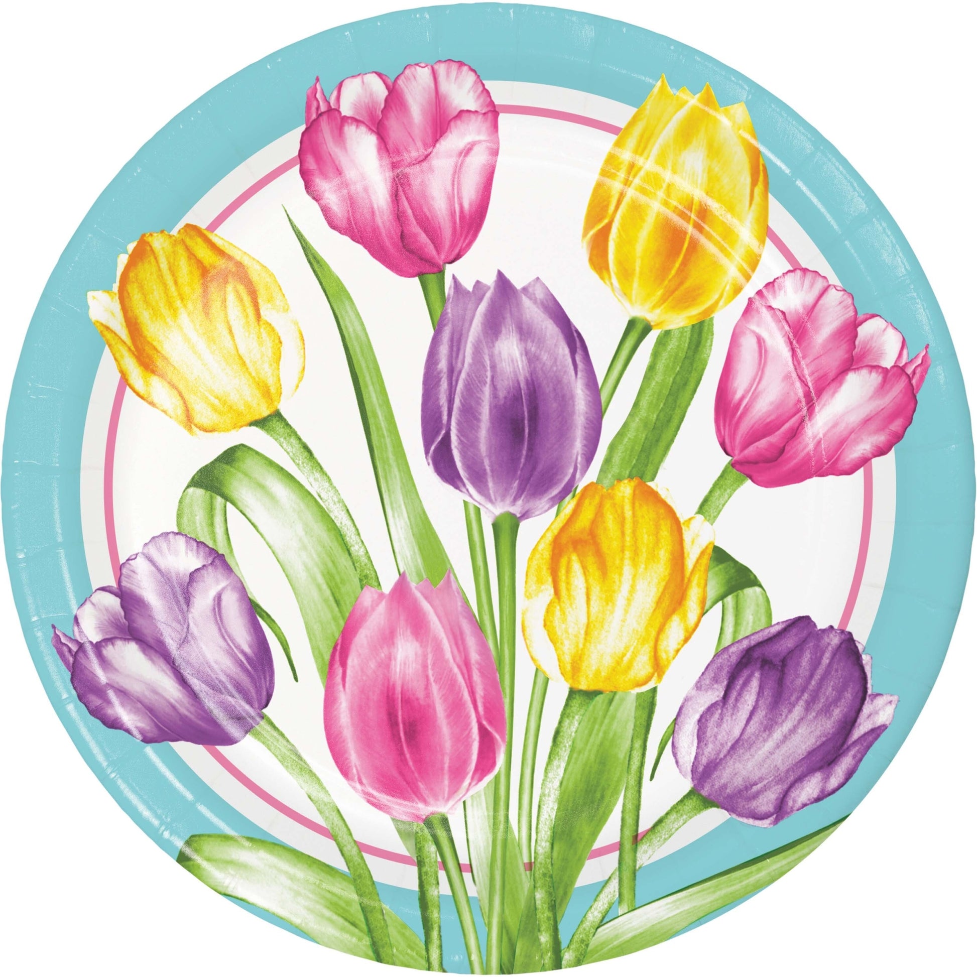 Round paper plate with colorful tulip design on a white background