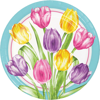 Round paper plate with colorful tulip design on a white background