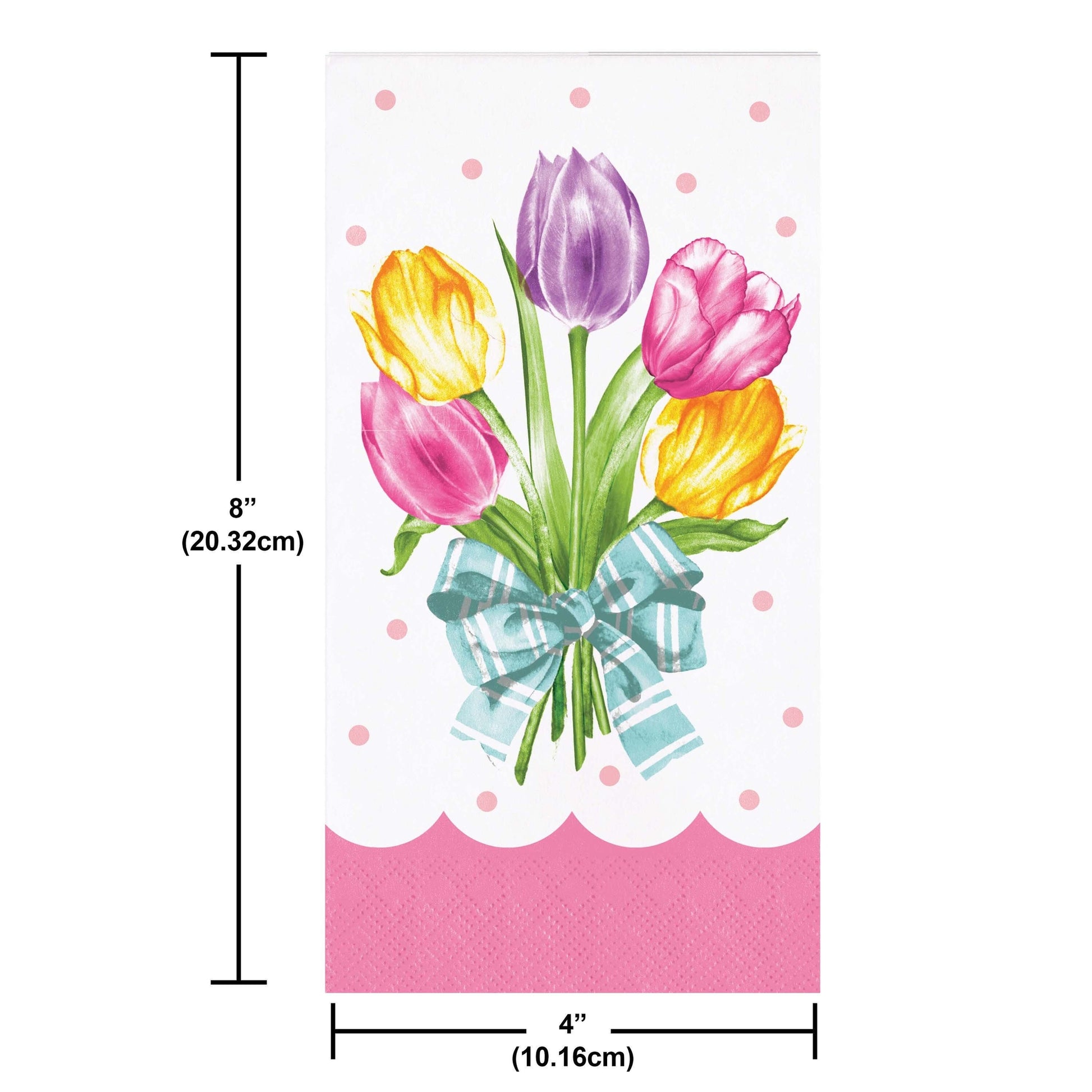 Paper napkin featuring a bouquet of colorful tulips with a bow on a polka dot background. Measurements shown.