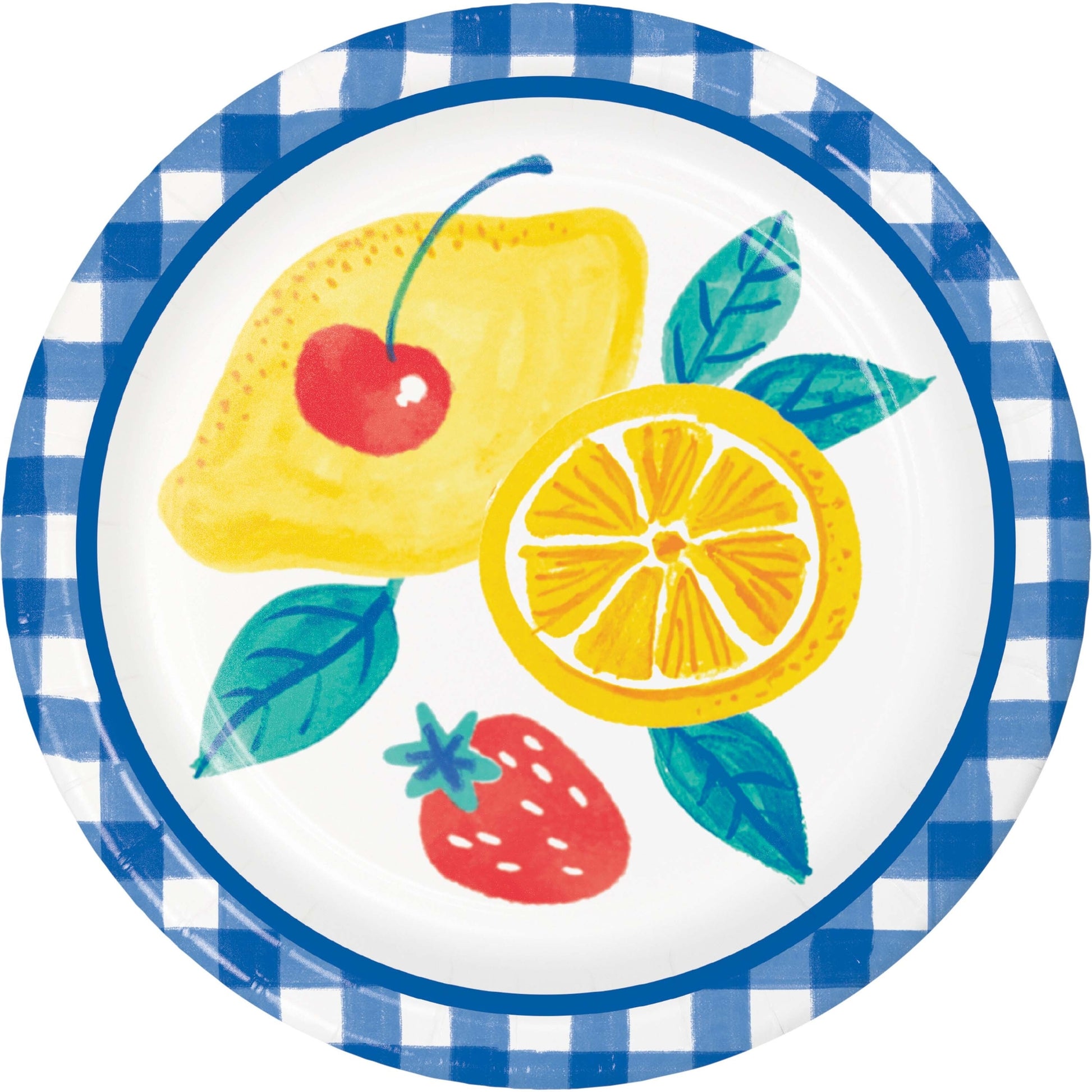Decorative plate with lemons, cherries, and strawberries with a blue and white checkered border