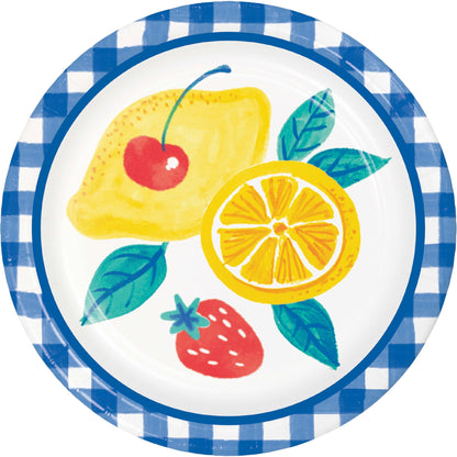 Decorative plate with lemons, cherries, and strawberries with a blue and white checkered border