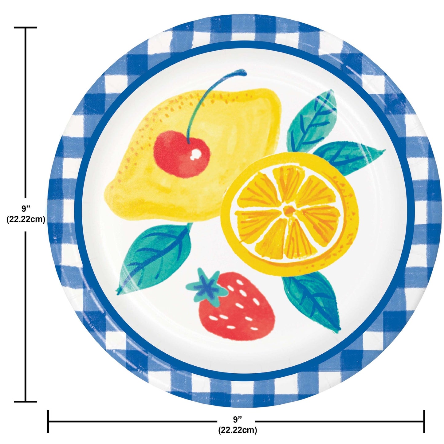 Paper plate with lemon, strawberry, and cherry design on a blue checkered border, with dimensions indicated.