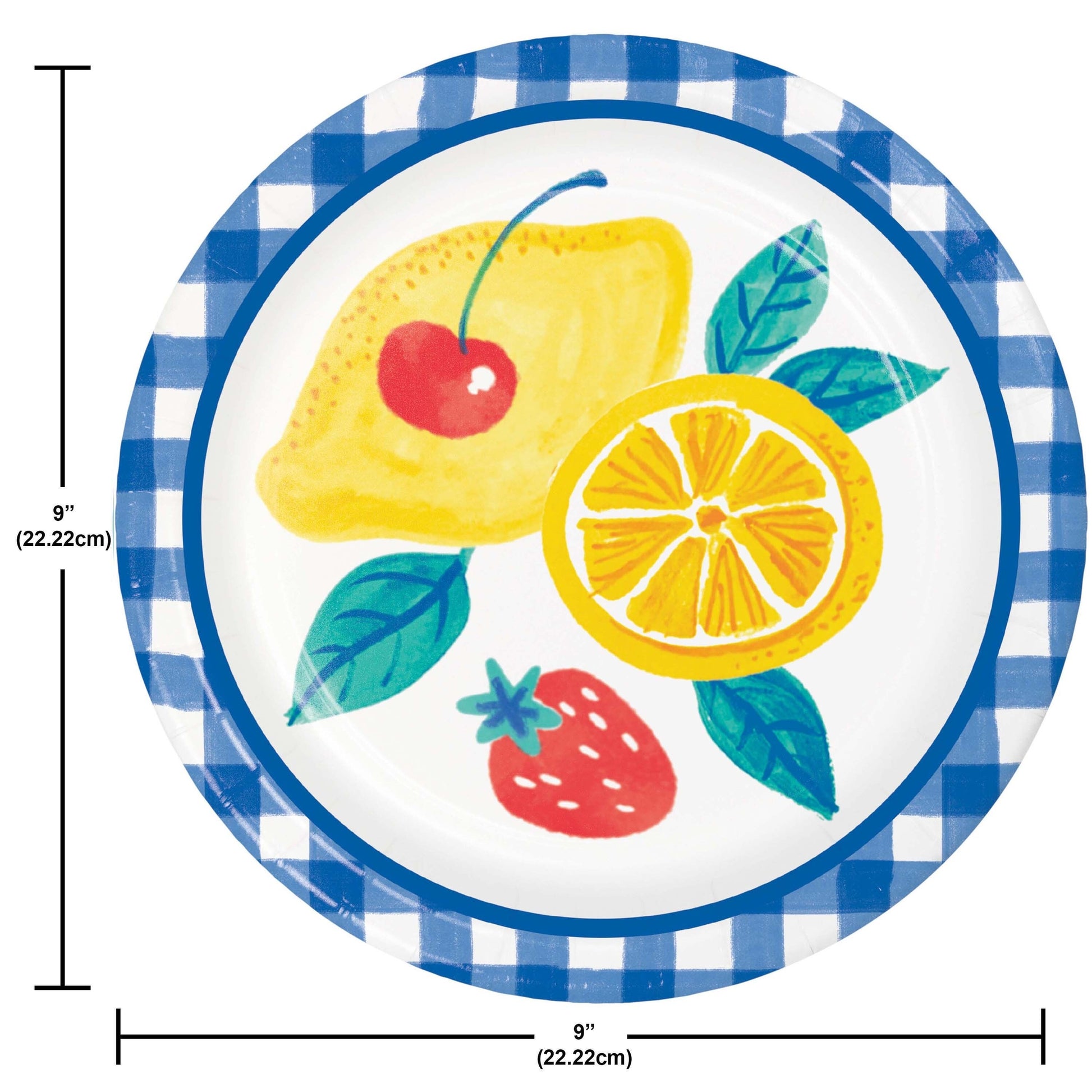 Paper plate with lemon, strawberry, and cherry design on a blue checkered border, with dimensions indicated.