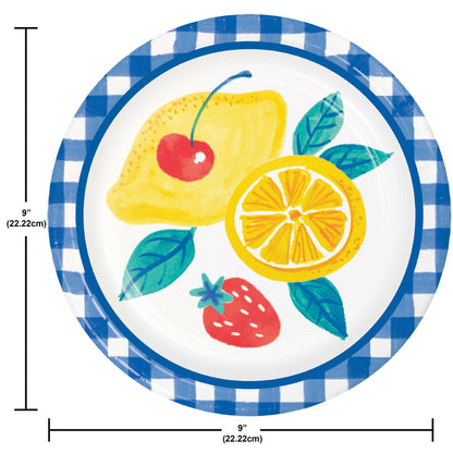 Paper plate with lemon, strawberry, and cherry design on a blue checkered border, with dimensions indicated.