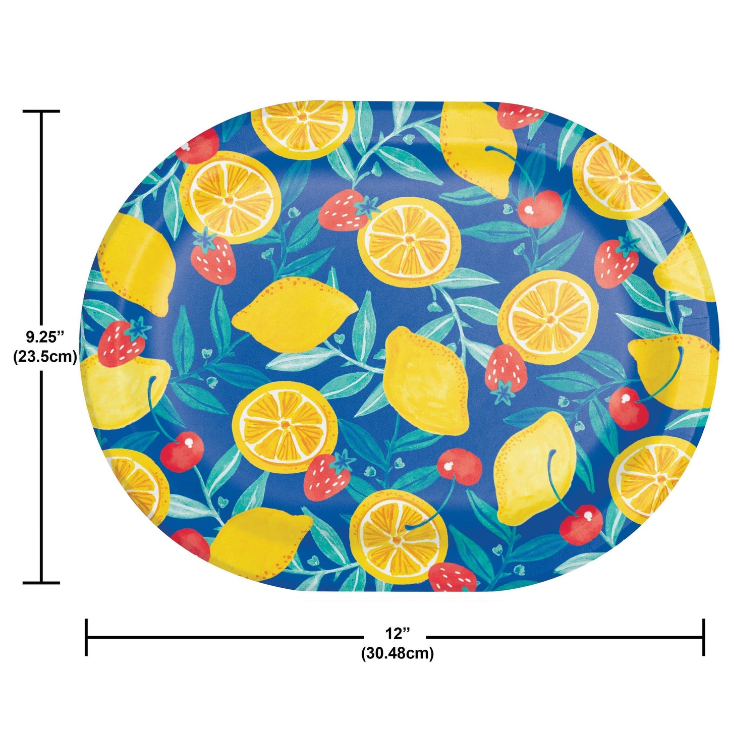 Oval plate with lemon and strawberry pattern on a blue background, with measurements indicated.