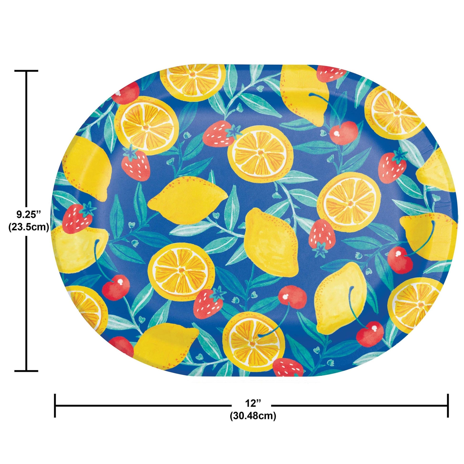Oval plate with lemon and strawberry pattern on a blue background, with measurements indicated.