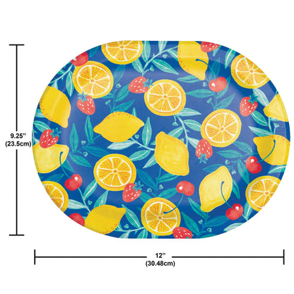Oval plate with lemon and strawberry pattern on a blue background, with measurements indicated.