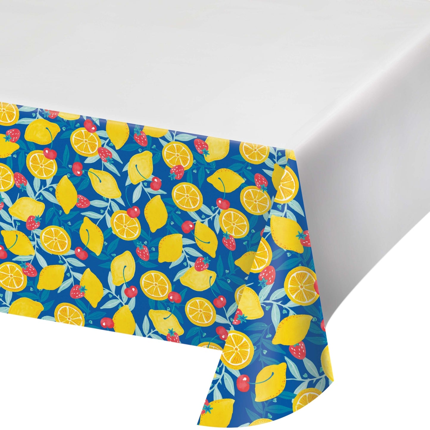 Tablecloth with lemon, strawberry and cherry pattern on a white background
