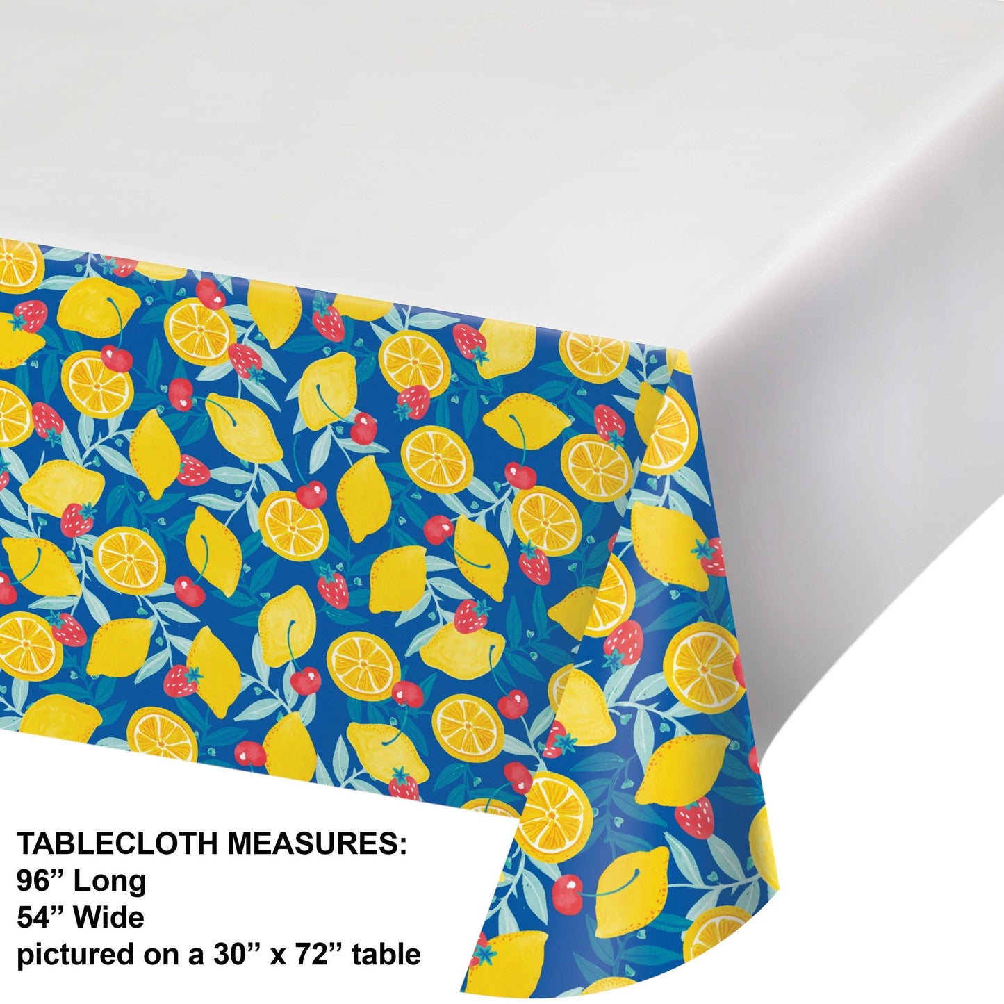 Tablecloth with lemon, strawberry and cherry pattern on a white background. Measurements shown.