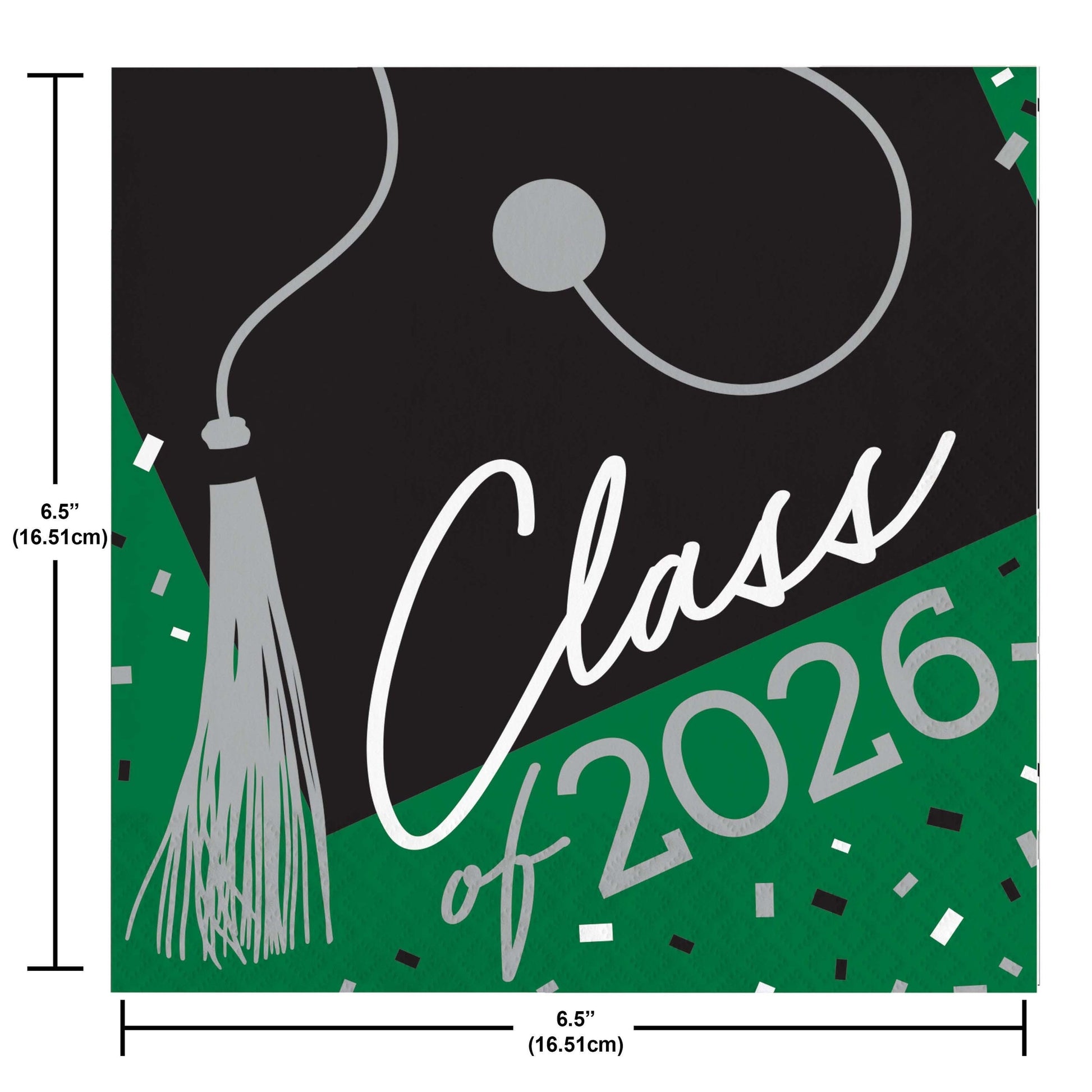 Graduation-themed napkin with 'Class of 2026' text and tassel on a black and green background, with measurements indicated.