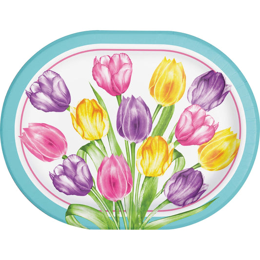 Round paper plate with colorful tulip design on a white background
