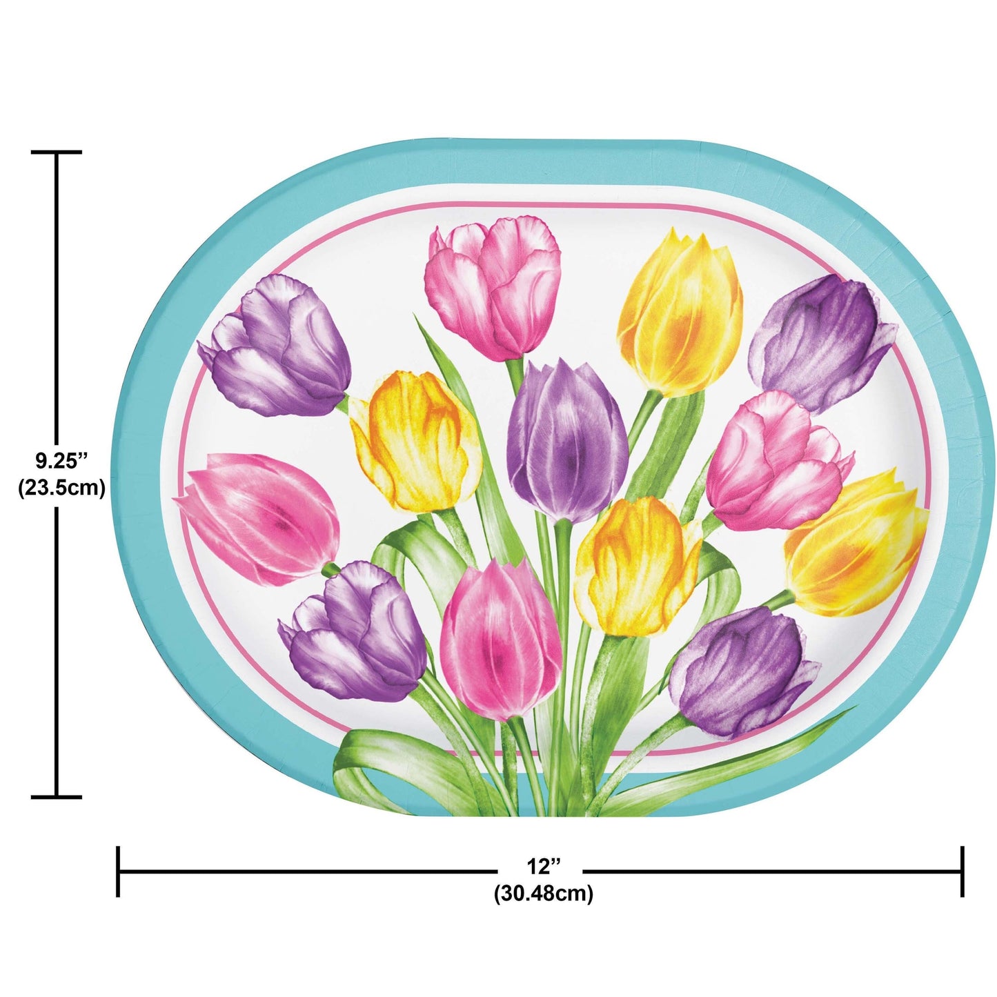 Round plate with colorful tulip design and dimensions displayed