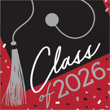 Graduation-themed napkin with 'Class of 2026' text, tassel, and confetti on a black and red background.