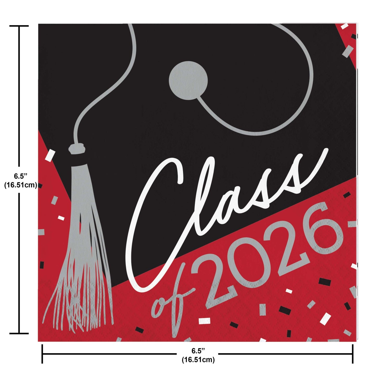 Graduation-themed napkin with 'Class of 2026' text, tassel, and confetti on a black and red background. Measurements shown.