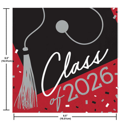 Graduation-themed napkin with 'Class of 2026' text, tassel, and confetti on a black and red background. Measurements shown.