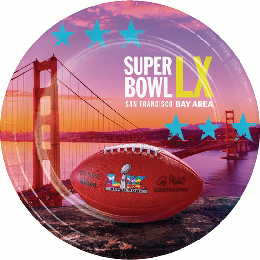 Paper plate featuring Super Bowl LX promotional graphic with a football and Golden Gate Bridge.