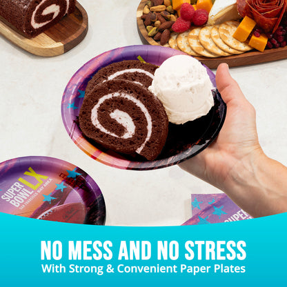 Hand holding a plate with chocolate roll cake and ice cream, with text 'No Mess and No Stress with Strong & Convenient Paper Plates'.