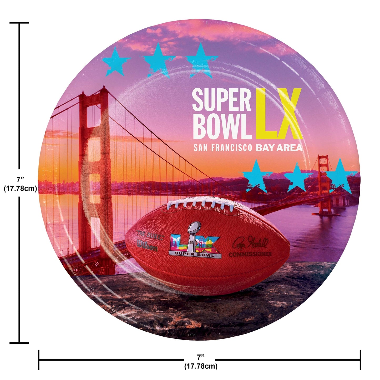 Paper plate featuring Super Bowl LX promotional graphic with a football and Golden Gate Bridge. Dimensions included.