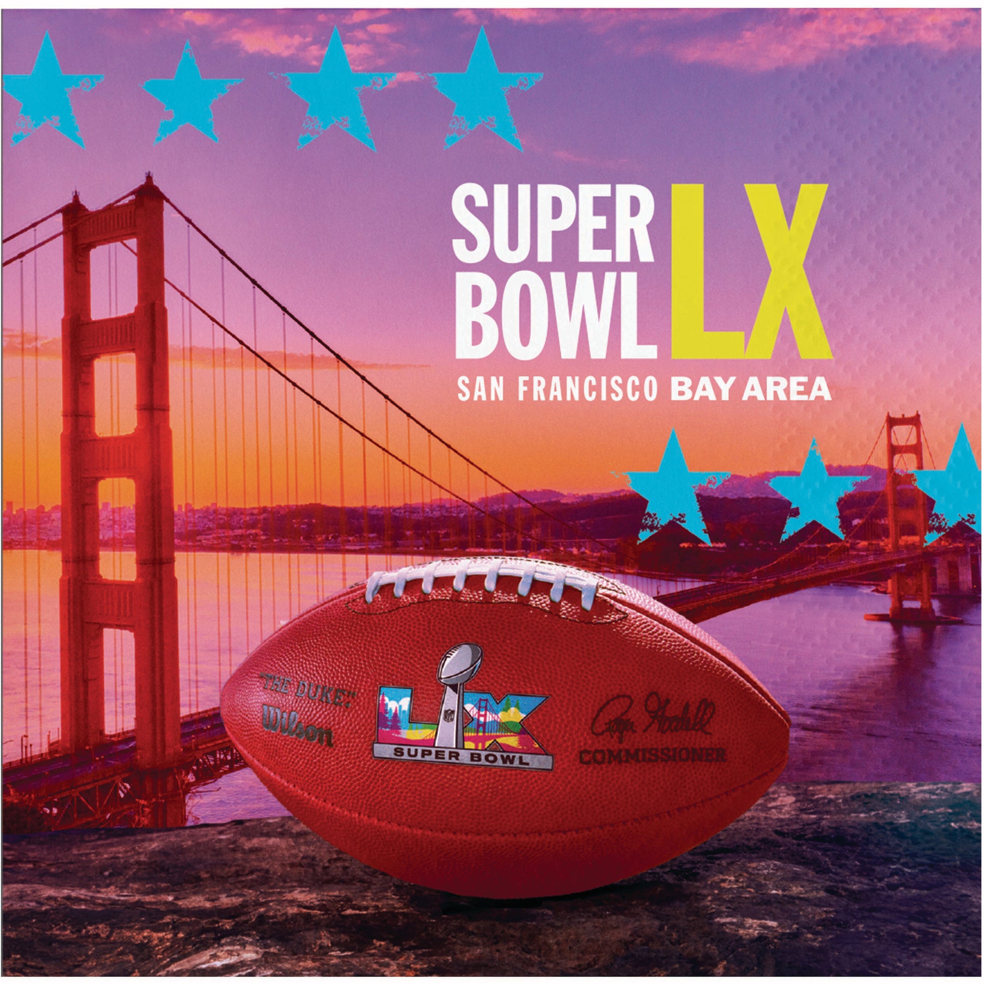 Super Bowl LX promotional graphic shown on a paper napkin with a football and the Golden Gate Bridge in the background