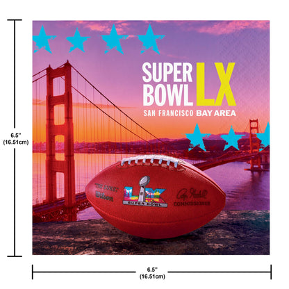 Super Bowl LX promotional graphic shown on a paper napkin with a football and the Golden Gate Bridge in the background. Dimensions shown.