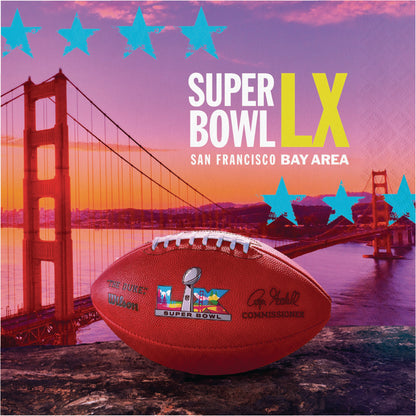 Paper napkin featuring the Super Bowl LX promotional graphic with a football and the Golden Gate Bridge in the background