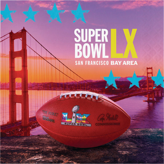 Paper napkin featuring the Super Bowl LX promotional graphic with a football and the Golden Gate Bridge in the background