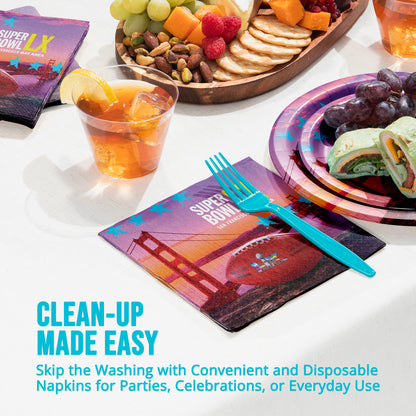 Table setting with snacks, drinks, and disposable napkins with Super Bowl branding.