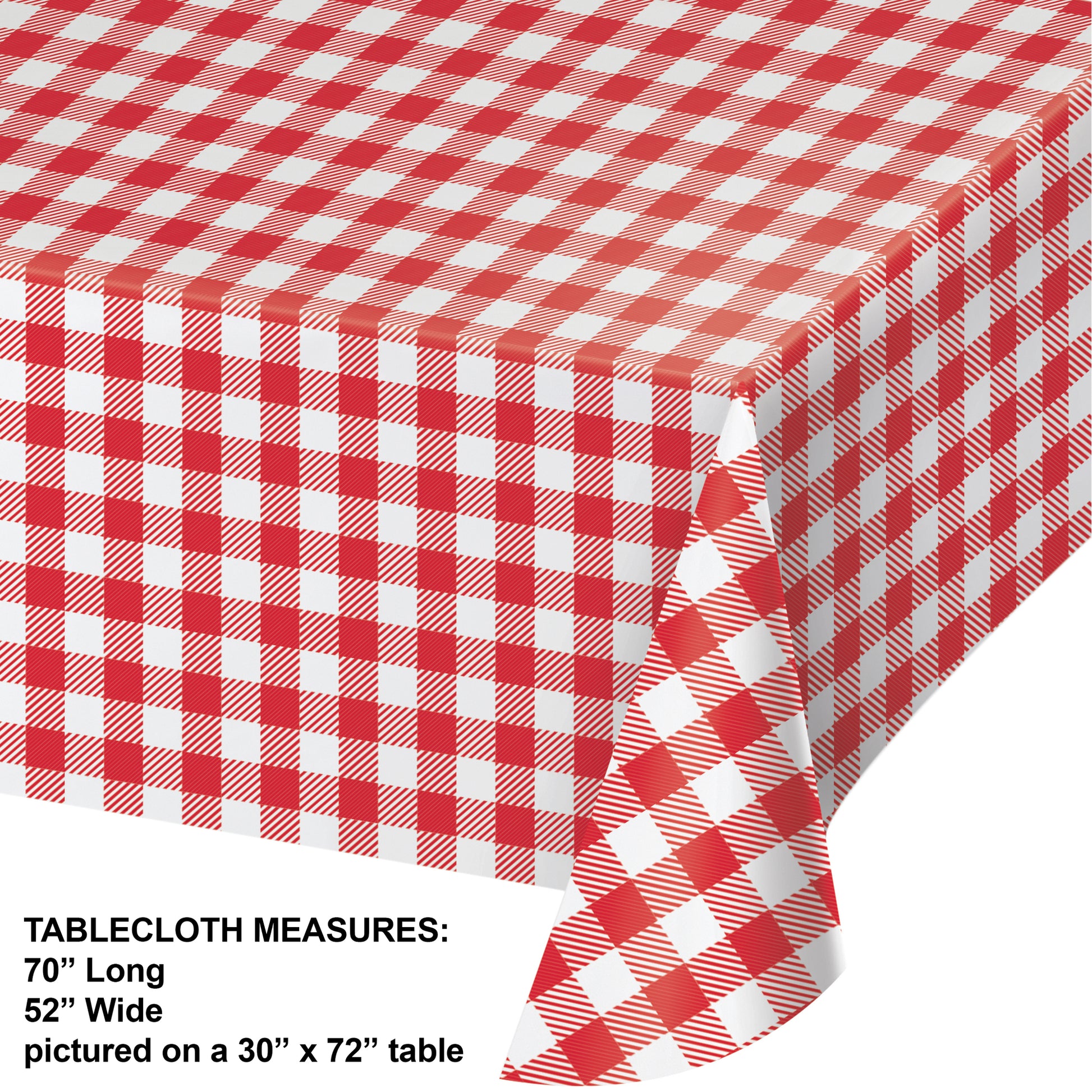 Red and white checkered tablecloth on a flat surface with dimensions displayed.