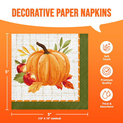 Decorative paper napkins with a fall harvest design, featuring a central orange pumpkin, red apples, and autumn leaves on a white textured background. Dimensions 5" x 5".