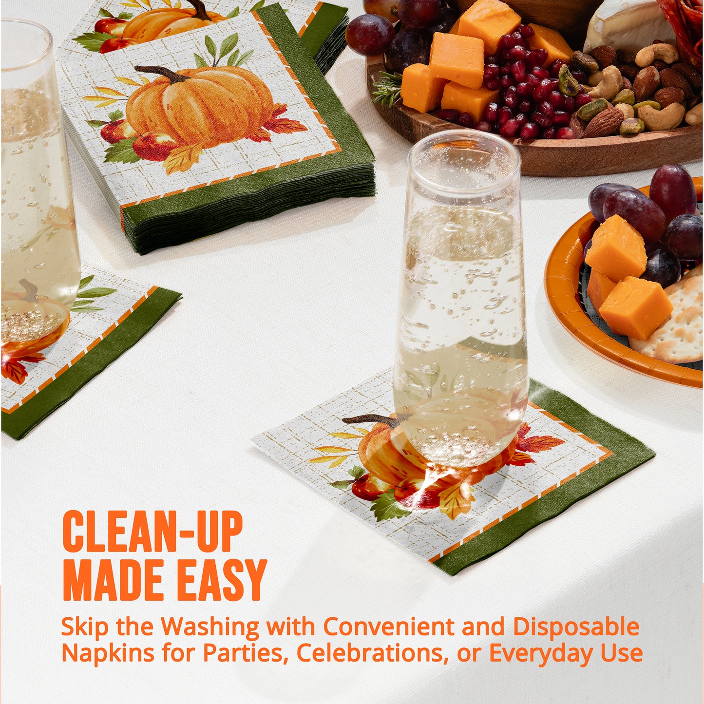 Pumpkin and autumn leaves patterned disposable napkins arranged on a white table with drinks and food, plus orange marketing text at the bottom.
