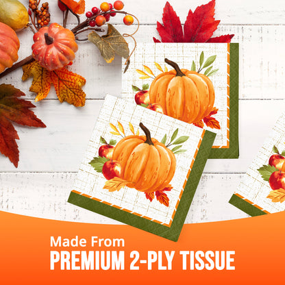 Square autumn-themed tissue paper napkins with a watercolor pumpkin design with apples and leaves. A banner at the bottom reads 'Made From PREMIUM 2-PLY TISSUE'.