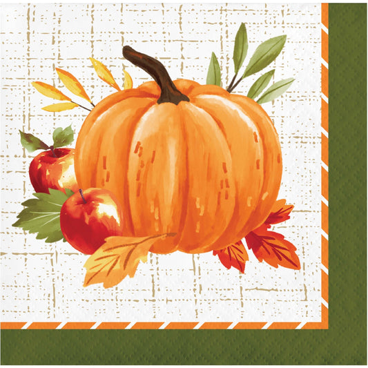 Autumn Orchard Fall paper napkin with pumpkin, leaves, and apples
